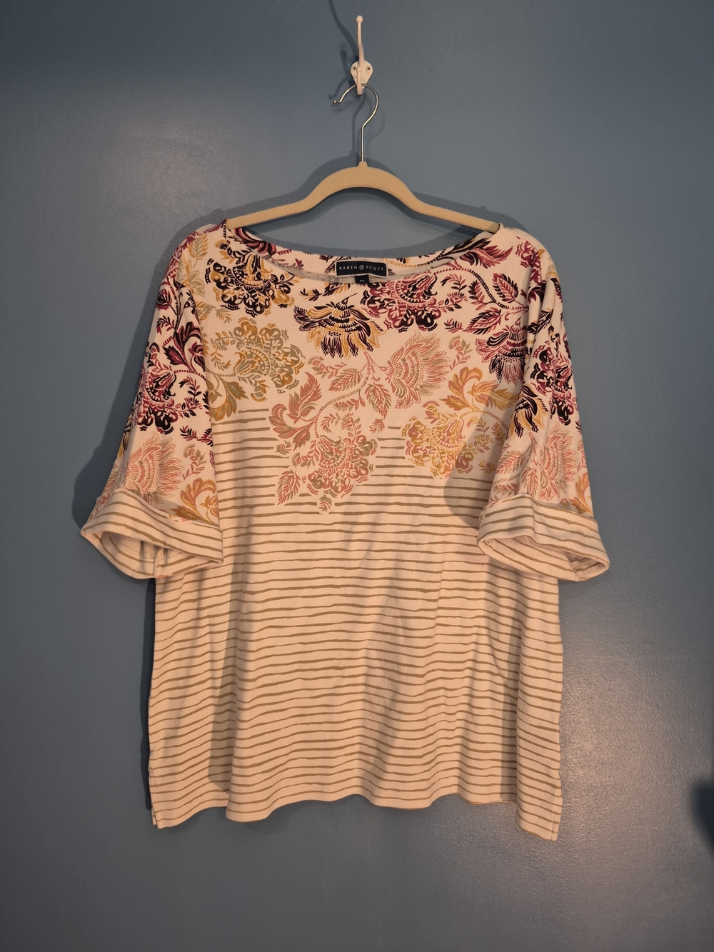 Karen Scott Cream Striped Short Sleeve Top with Floral Yoke